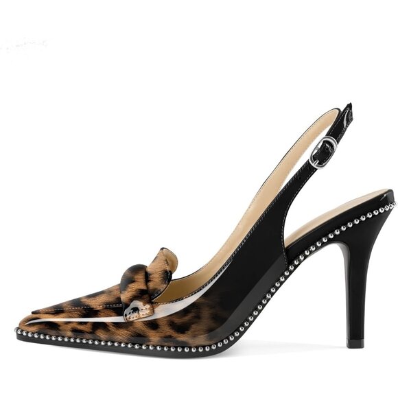 Women Leopard 1 Stiletto Beaded Shoes Pointed Toe Slip On Loafers Slingback Heel - Picture 5 of 6